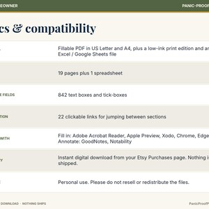 May include: A digital information chart titled Specs & compatibility for Panic-Proof Printables. It lists details including 19 pages, 842 fillable fields, 22 clickable links, and compatibility with Adobe Acrobat, Apple Preview, Xodo, Chrome, and Edge.