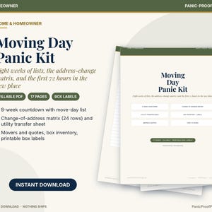 May include: A digital Moving Day Panic Kit document set featuring 17 pages of fillable PDF checklists, an address-change matrix, and box labels. The design uses dark blue text on a cream background with olive green accents and headers.