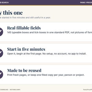 May include: A digital document titled Why this one with three sections featuring checkmarks. Text includes Real fillable fields with 145 typeable boxes, Start in five minutes with no setup, and Made to be reused for printing fresh pages.