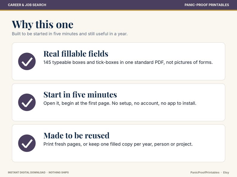 May include: A digital document titled Why this one with three sections featuring checkmarks. Text includes Real fillable fields with 145 typeable boxes, Start in five minutes with no setup, and Made to be reused for printing fresh pages.