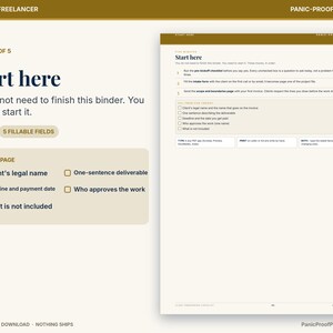 May include: A digital business planner page titled Start here, featuring a checklist for freelancers. The layout includes sections for client details, project scope, and deliverables with five fillable fields in a clean, professional design.