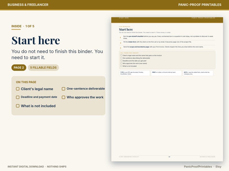 May include: A digital business planner page titled Start here, featuring a checklist for freelancers. The layout includes sections for client details, project scope, and deliverables with five fillable fields in a clean, professional design.