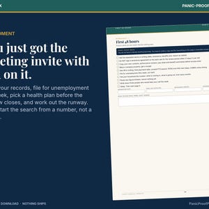 May include: A digital worksheet titled First 48 hours with a checklist for HR meetings. The dark blue background features white text stating You just got the meeting invite with HR on it, alongside instructions for unemployment and health plans.