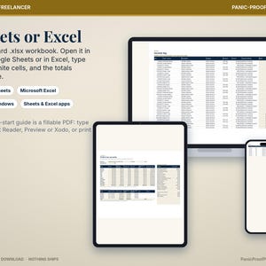 May include: A digital spreadsheet product displayed on a laptop, tablet, and smartphone. Text includes Sheets or Excel, Google Sheets, Microsoft Excel, Mac & Windows, Sheets & Excel apps, and Panic-Proof Printables. The screens show income logs.
