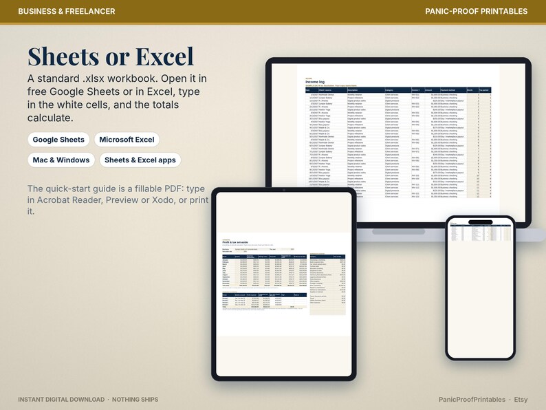 May include: A digital spreadsheet product displayed on a laptop, tablet, and smartphone. Text includes Sheets or Excel, Google Sheets, Microsoft Excel, Mac & Windows, Sheets & Excel apps, and Panic-Proof Printables. The screens show income logs.
