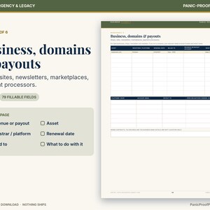 May include: A digital worksheet titled Business, domains & payouts with 79 fillable fields for tracking shops, sites, newsletters, marketplaces, and payment processors. The document includes columns for platform, registrar, renewal date, and revenue.