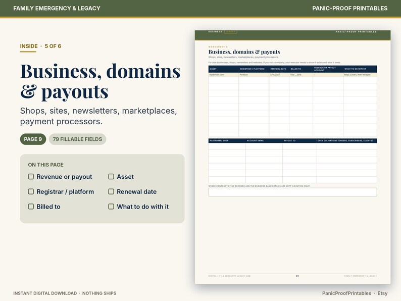 May include: A digital worksheet titled Business, domains & payouts with 79 fillable fields for tracking shops, sites, newsletters, marketplaces, and payment processors. The document includes columns for platform, registrar, renewal date, and revenue.