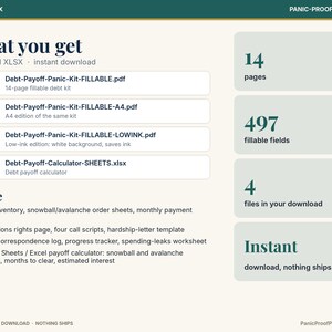May include: A digital debt payoff kit featuring 3 PDF files and 1 XLSX file. Includes a 14-page fillable debt kit, A4 edition, low-ink version, and a debt payoff calculator. The document lists 14 pages, 497 fillable fields, and 4 files.
