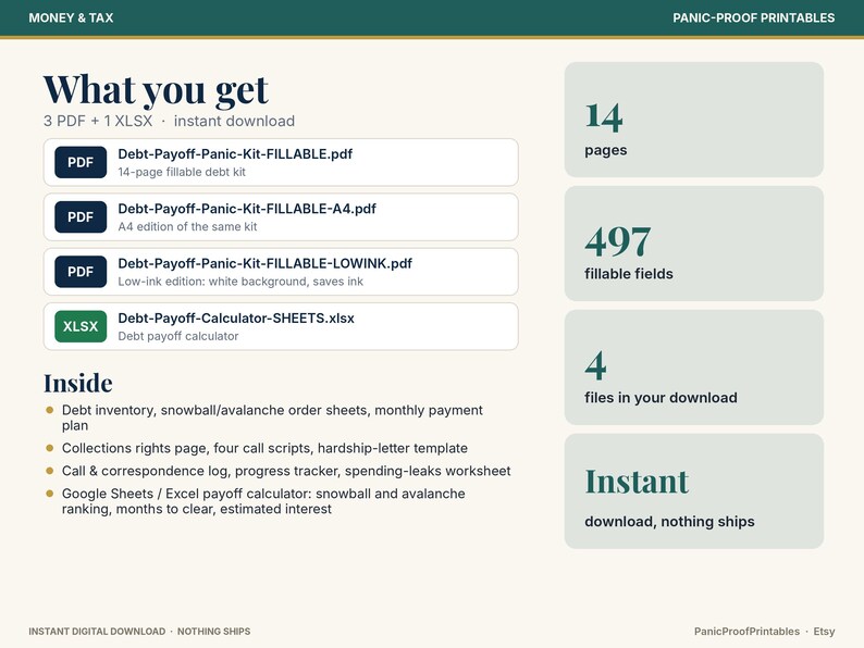 May include: A digital debt payoff kit featuring 3 PDF files and 1 XLSX file. Includes a 14-page fillable debt kit, A4 edition, low-ink version, and a debt payoff calculator. The document lists 14 pages, 497 fillable fields, and 4 files.