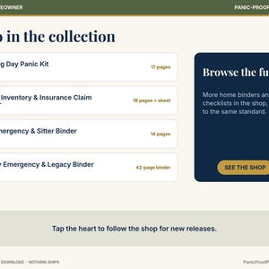 Puede incluir: Un gr&aacute;fico de informaci&oacute;n digital titulado Also in the collection que enumera cuatro carpetas imprimibles: Moving Day Panic Kit, Home Inventory & Insurance Claim Binder, Pet Emergency & Sitter Binder y Family Emergency & Legacy Binder con recuentos de p&aacute;ginas.