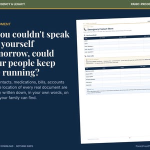 Może przedstawiać: Cyfrowy dokument do druku zatytułowany Family Emergency & Legacy Panic-Proof Printables. Strona zawiera arkusz kontakt&oacute;w alarmowych z polami dla członk&oacute;w gospodarstwa domowego, na ciemnoniebieskim tle z białym tekstem.