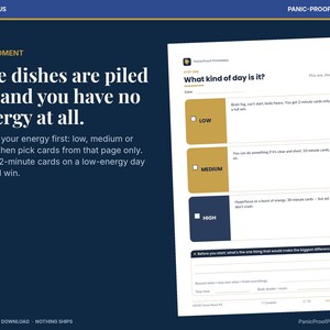May include: A digital printable page titled What kind of day is it? featuring three color-coded sections for low, medium, and high energy levels with checkboxes and text instructions for managing daily tasks and energy levels.