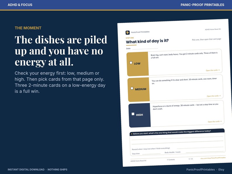 May include: A digital printable page titled What kind of day is it? featuring three color-coded sections for low, medium, and high energy levels with checkboxes and text instructions for managing daily tasks and energy levels.