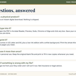 May include: A digital informational graphic titled Questions, answered with a dark green header and cream background. It lists five frequently asked questions and answers regarding digital downloads, PDF editing, printing, personal use, and support.