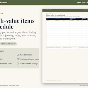 May include: A digital printable high-value items schedule worksheet featuring a table with columns for item, brand, model, serial number, purchase date, and replacement cost. The document includes 115 fillable fields for tracking personal assets.