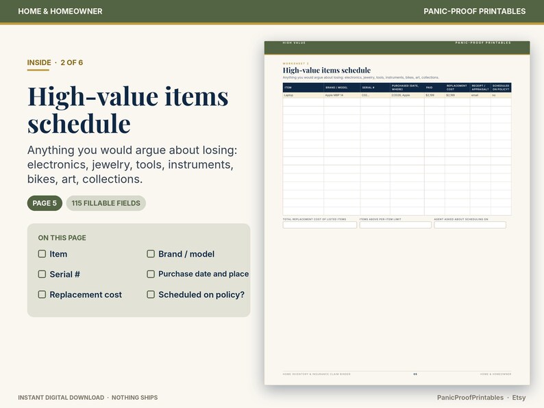 May include: A digital printable high-value items schedule worksheet featuring a table with columns for item, brand, model, serial number, purchase date, and replacement cost. The document includes 115 fillable fields for tracking personal assets.