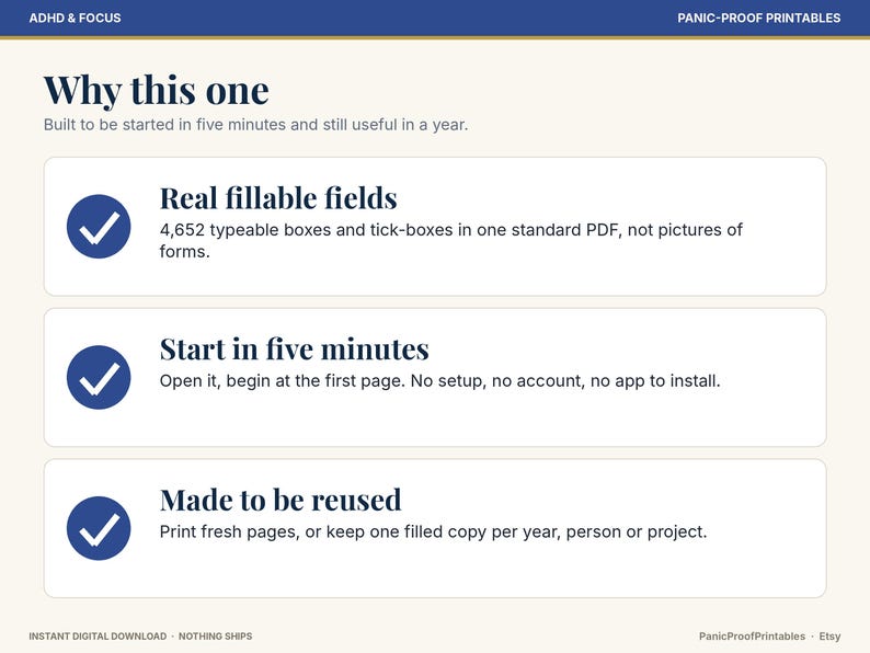 May include: A digital product information graphic titled Why this one, featuring three sections with blue checkmark icons. The text highlights real fillable fields, a five-minute start time, and reusability for ADHD and focus planning.