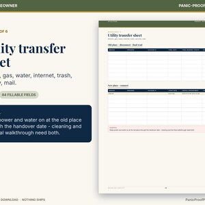 May include: A digital utility transfer sheet printable featuring sections for electric, gas, water, internet, trash, security, and mail. The document includes tables for old and new place connections with 84 fillable fields and a careful note.