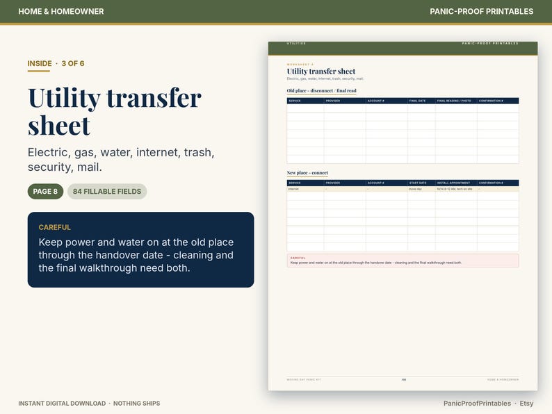 May include: A digital utility transfer sheet printable featuring sections for electric, gas, water, internet, trash, security, and mail. The document includes tables for old and new place connections with 84 fillable fields and a careful note.