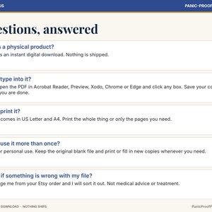 May include: A digital information graphic titled Questions, answered with dark blue text on a cream background. It explains that this is an instant digital download, editable in PDF readers, printable in US Letter and A4, and for personal use.