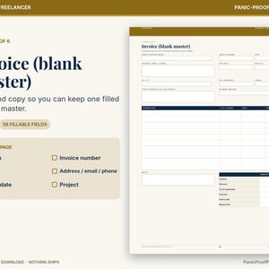 May include: A digital invoice template titled Invoice (blank master) with 58 fillable fields. The document includes sections for sender and client contact information, invoice number, date, due date, project details, and a table for itemized descriptions.