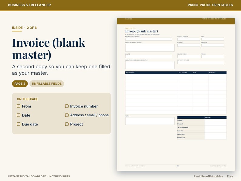 May include: A digital invoice template titled Invoice (blank master) with 58 fillable fields. The document includes sections for sender and client contact information, invoice number, date, due date, project details, and a table for itemized descriptions.