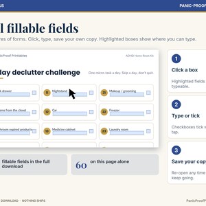 May include: A digital 30-day declutter challenge form with fillable fields, numbered tasks, and checkboxes. The layout includes instructions for clicking, typing, and saving, with text highlighting 925 total fields and 60 on this page.
