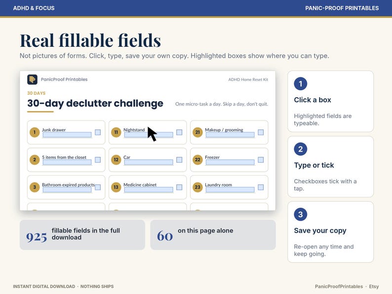 May include: A digital 30-day declutter challenge form with fillable fields, numbered tasks, and checkboxes. The layout includes instructions for clicking, typing, and saving, with text highlighting 925 total fields and 60 on this page.