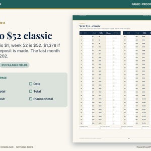 May include: A digital savings tracker page titled $1 to $52 classic, featuring a two-column table with rows for 52 weeks. The layout includes columns for date, plan, plan total, and my total, with checkboxes for tracking deposits and totals.