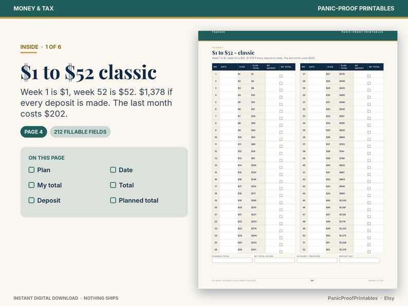 May include: A digital savings tracker page titled $1 to $52 classic, featuring a two-column table with rows for 52 weeks. The layout includes columns for date, plan, plan total, and my total, with checkboxes for tracking deposits and totals.