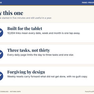 May include: A digital product information graphic titled ADHD & FOCUS and PANIC-PROOF PRINTABLES. It lists three features: Built for the tablet with 10,004 links, Three tasks, not thirty, and Forgiving by design with weekly resets.