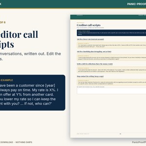 May include: A digital document titled Creditor call scripts featuring four written conversations with editable brackets. The page includes sections for asking for a lower rate, a hardship plan, settling debt, and stopping contact, with a worked example.