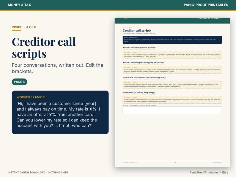 May include: A digital document titled Creditor call scripts featuring four written conversations with editable brackets. The page includes sections for asking for a lower rate, a hardship plan, settling debt, and stopping contact, with a worked example.