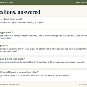 May include: A digital information sheet titled Questions, answered with a dark green header reading FAMILY EMERGENCY & LEGACY and PANIC-PROOF PRINTABLES. It lists five FAQs regarding digital download usage, printing, and file support.