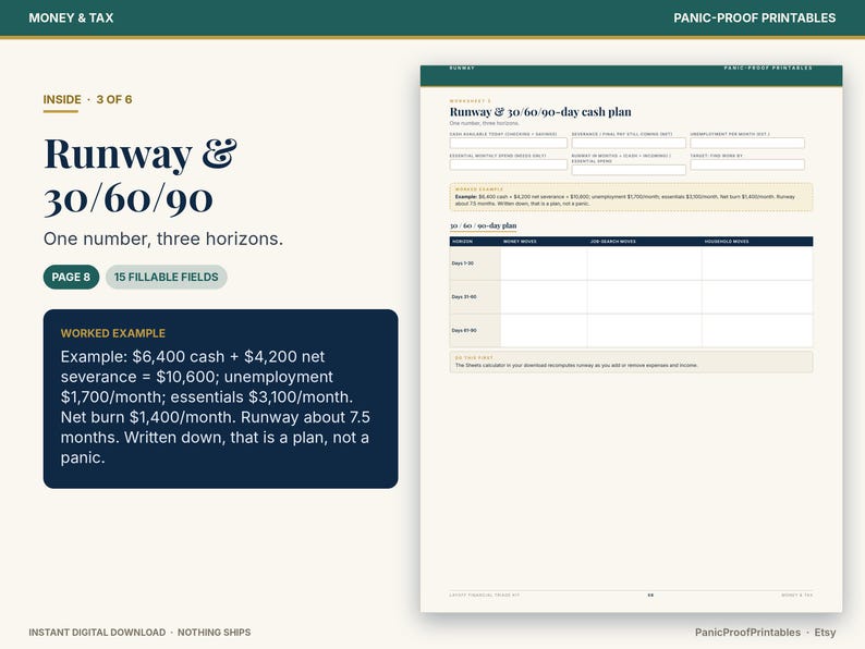 May include: A digital printable worksheet titled Runway & 30/60/90 featuring a cash plan template with 15 fillable fields. The document includes a worked example calculating cash, net severance, unemployment, and monthly essentials.