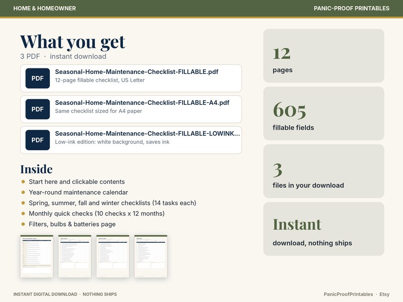 Checklista för säsongsunderhåll av hemmet, ifyllbar PDF, 56 uppgifter, månadskalender (digital nedladdning) bild 2