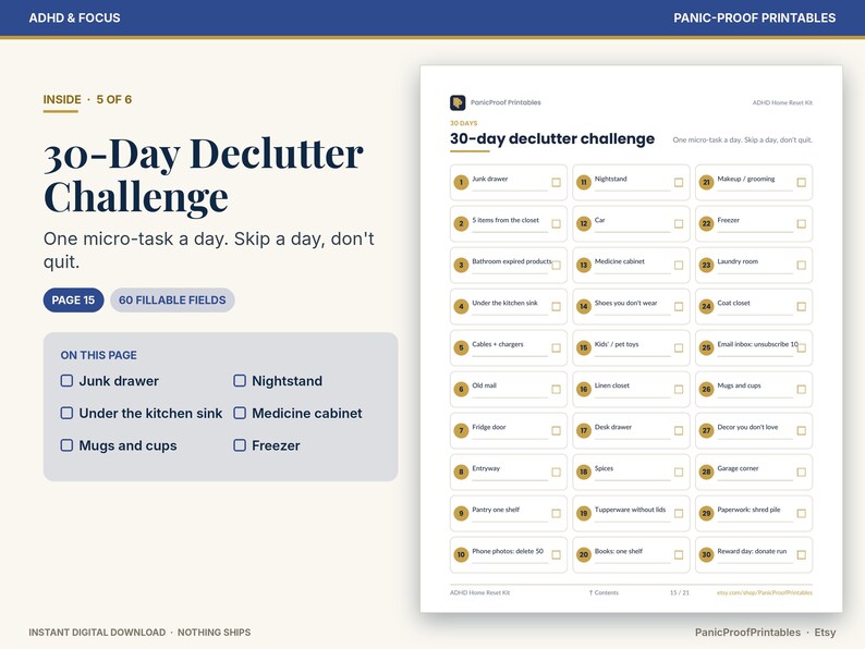 May include: A digital printable page titled 30-Day Declutter Challenge with 60 fillable fields. The layout features a numbered checklist of daily micro-tasks, including items like junk drawer, nightstand, and freezer, each with a checkbox.