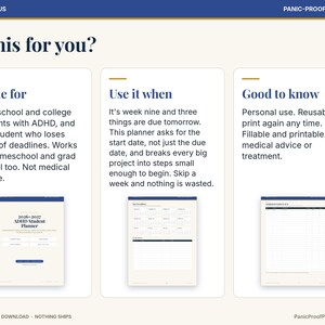 以下が含まれることがあります： ADHD学生向けデジタルプランナーの情報シート。Made for、Use it when、Good to knowと題された3つの列があり、クリーム色の背景にテキスト説明と3つのプランナーページのプレビュー画像が配置されています。