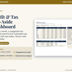 May include: A digital Profit & Tax Set-Aside Dashboard template featuring tables for monthly income, expenses, profit, and tax periods. The layout includes sections for suggested set-aside amounts and expense categories with sample data displayed.