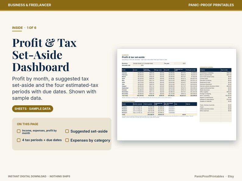 May include: A digital Profit & Tax Set-Aside Dashboard template featuring tables for monthly income, expenses, profit, and tax periods. The layout includes sections for suggested set-aside amounts and expense categories with sample data displayed.