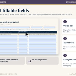 May include: A digital keyword-match worksheet with fillable light blue fields for career planning. The document includes columns for requirements, keywords, and resume placement. Instructions on the right explain how to click, type, and save.
