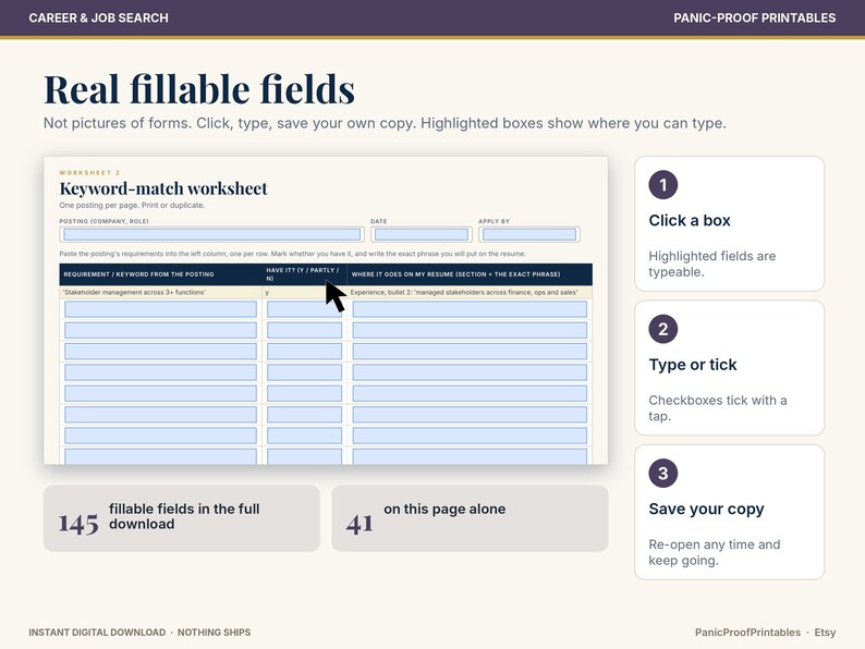 May include: A digital keyword-match worksheet with fillable light blue fields for career planning. The document includes columns for requirements, keywords, and resume placement. Instructions on the right explain how to click, type, and save.