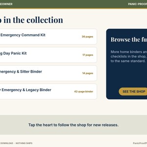 May include: A digital product collection page titled Also in the collection, listing Home Emergency Command Kit, Moving Day Panic Kit, Pet Emergency & Sitter Binder, and Family Emergency & Legacy Binder with page counts and a shop link button.