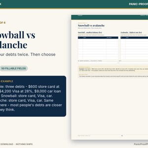 May include: A digital debt repayment worksheet titled Snowball vs avalanche. The page features two tables for ranking debts by smallest balance or highest interest rate, with a worked example box explaining the debt payoff methods.
