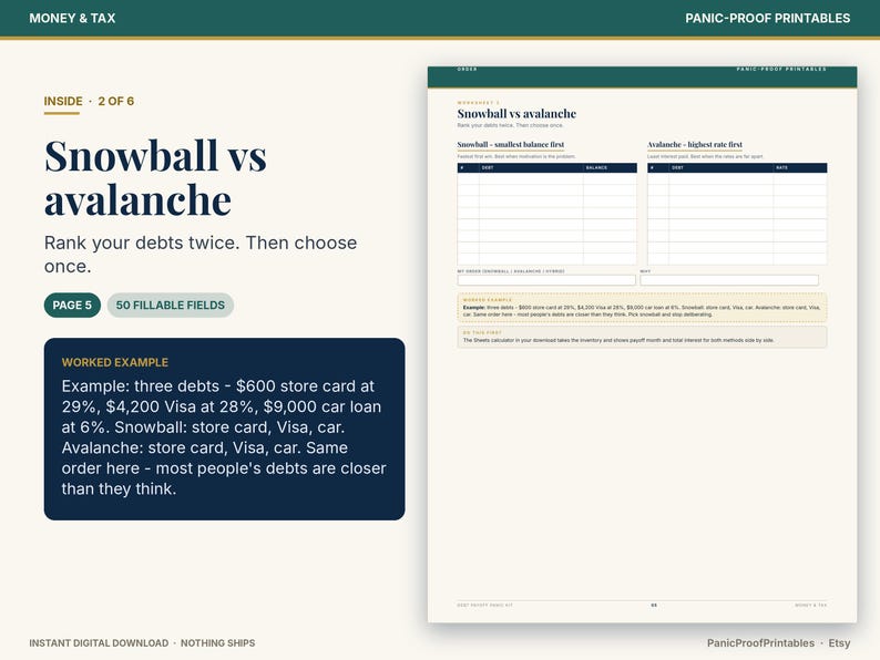 May include: A digital debt repayment worksheet titled Snowball vs avalanche. The page features two tables for ranking debts by smallest balance or highest interest rate, with a worked example box explaining the debt payoff methods.