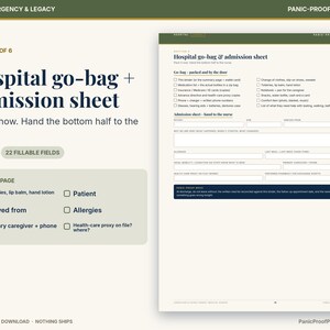 May include: A digital printable document titled Hospital go-bag and admission sheet. The page features a checklist for packing a go-bag and a form with fillable fields for patient information, allergies, and caregiver contact details.