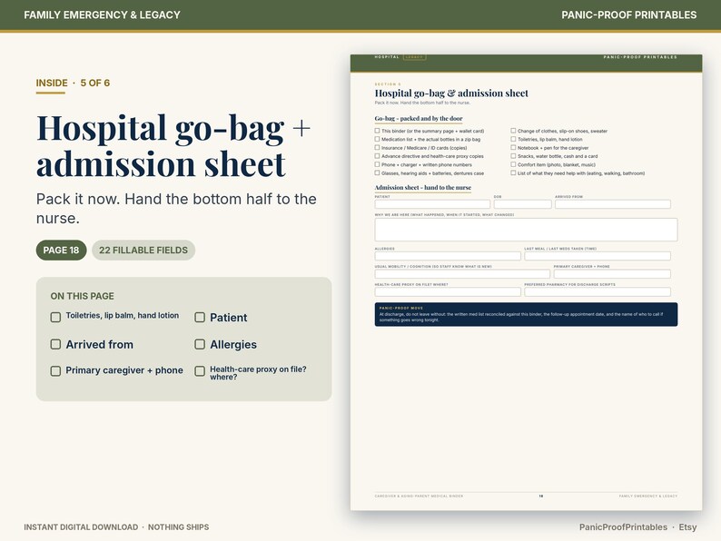 May include: A digital printable document titled Hospital go-bag and admission sheet. The page features a checklist for packing a go-bag and a form with fillable fields for patient information, allergies, and caregiver contact details.