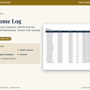 May include: A digital income log spreadsheet template for business and freelancers. The layout features columns for date, client, description, category, invoice number, amount, payment method, month, and tax period with sample data included.