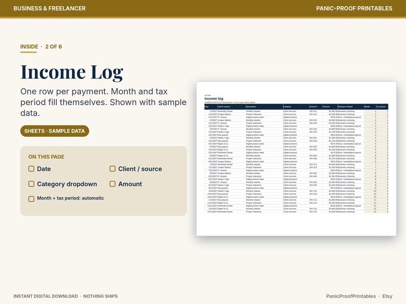 May include: A digital income log spreadsheet template for business and freelancers. The layout features columns for date, client, description, category, invoice number, amount, payment method, month, and tax period with sample data included.