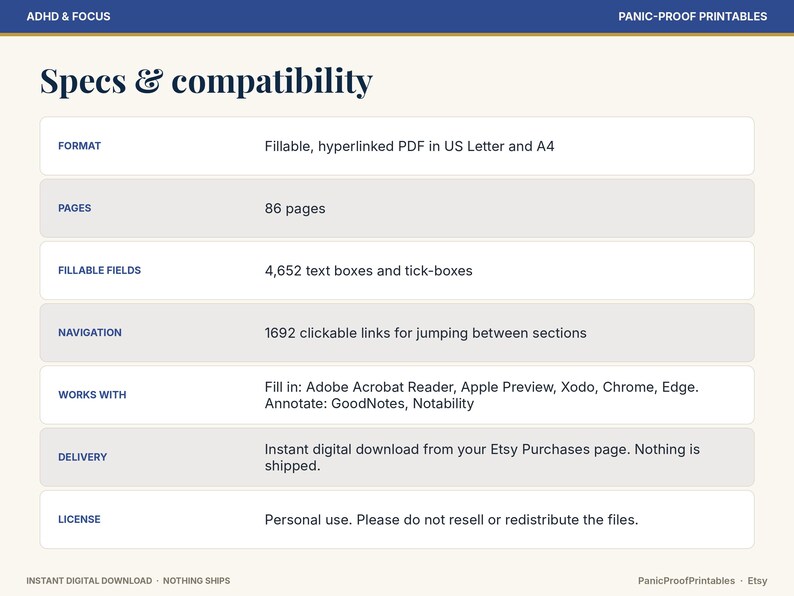 May include: A digital product specification chart titled Specs & compatibility. It lists 86 pages, 4,652 fillable fields, 1,692 clickable links, and compatibility with Adobe Acrobat, Apple Preview, Xodo, Chrome, Edge, GoodNotes, and Notability.